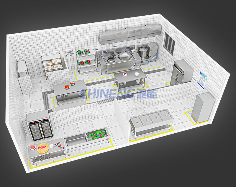 100-150School canteen kitchen 3D Rendering